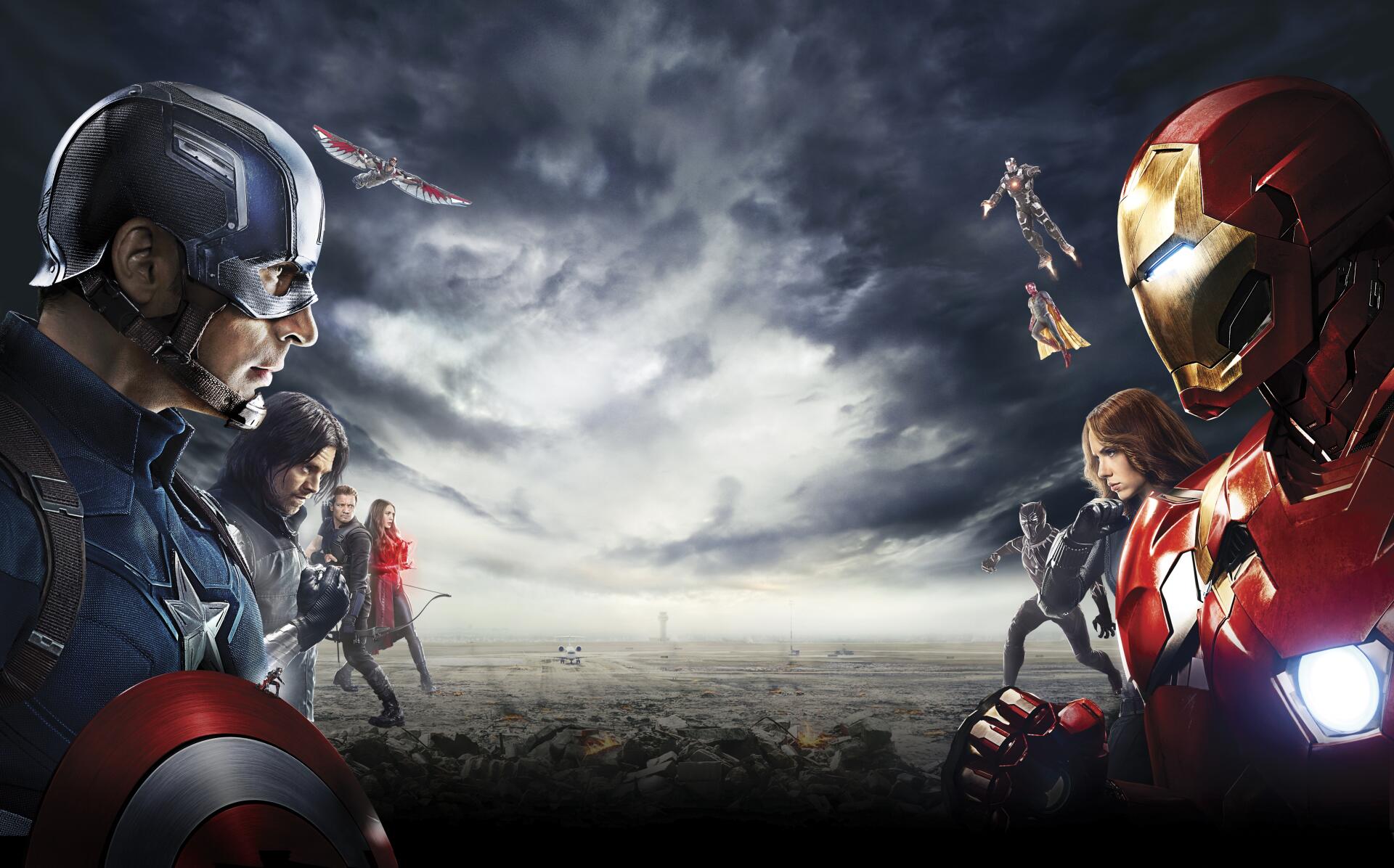 Captain America: Civil War 4K Ultra HD PC desktop wallpaper and background — Captain America and Iron Man face off on a stormy battlefield with allies hovering above.