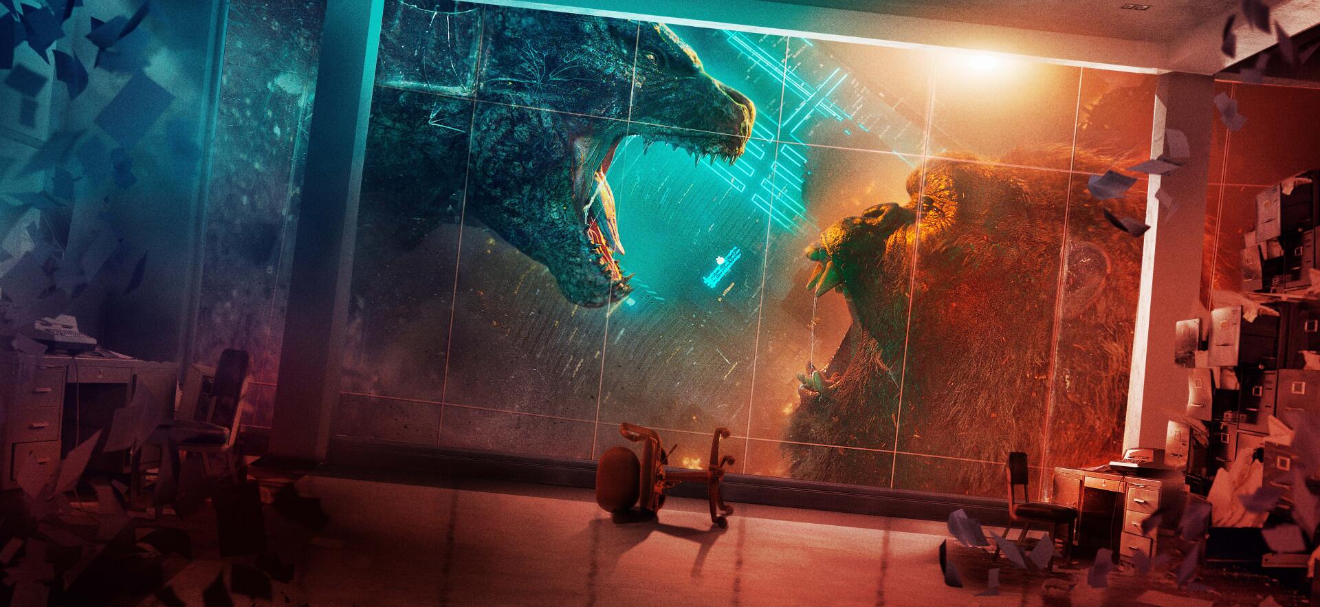 Godzilla vs Kong clash in a dramatic 8K Ultra HD PC desktop wallpaper background: Godzilla roars across neon seas as Kong lunges amid shattered glass and city lights.