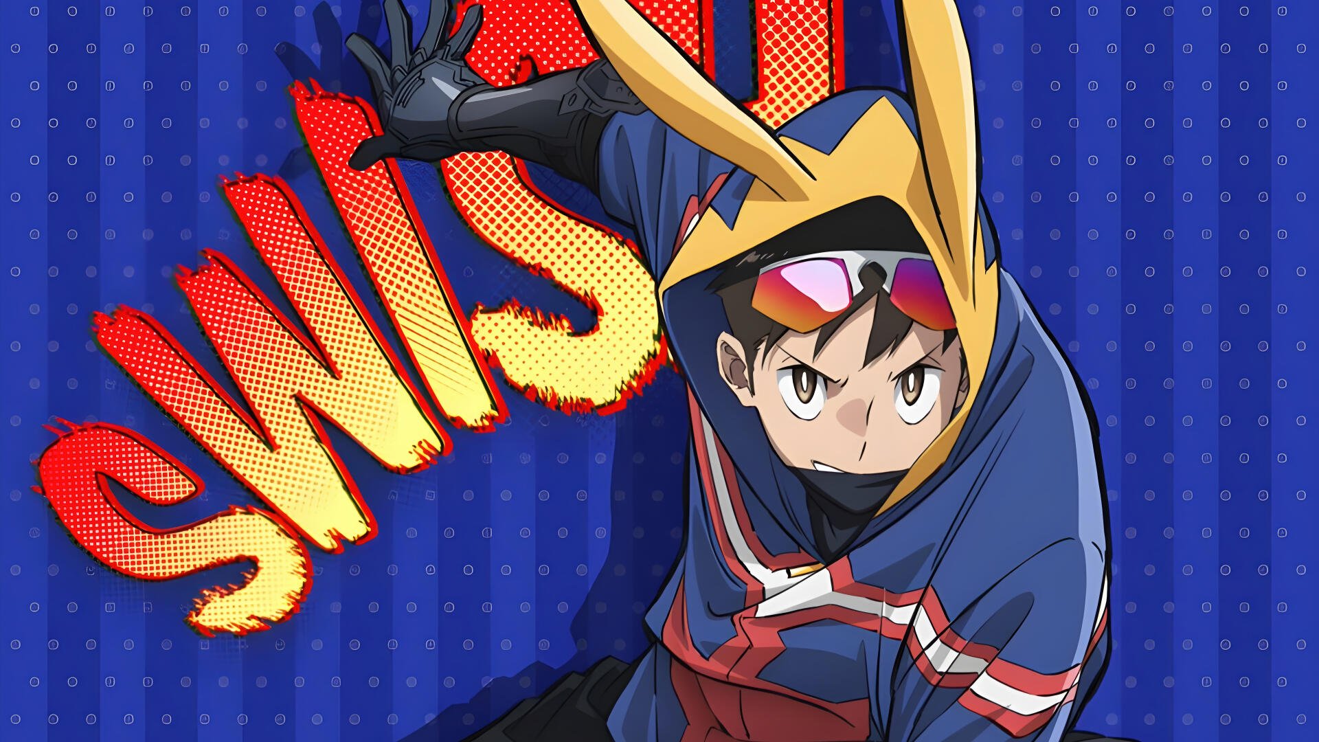 My Hero Academia: Vigilantes 4K Ultra HD PC wallpaper — hero in rabbit-eared hood lunging over a blue comic-dot background with bold SWISH text.