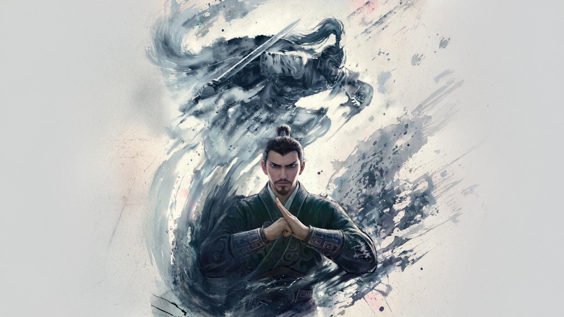 Nezha 2 warrior in green robes, hands clasped before his chest, ink-swash dragon swirling behind — 4K Ultra HD PC desktop wallpaper/background.