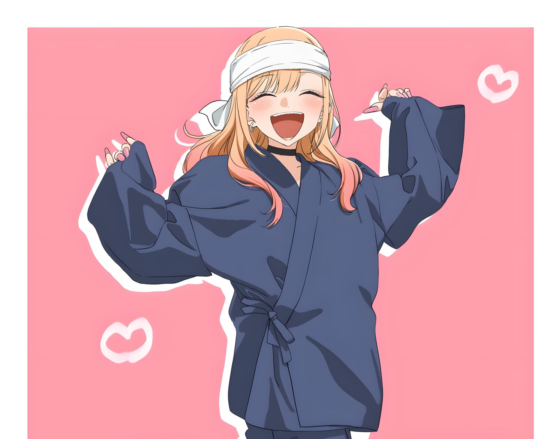 Marin Kitagawa from My Dress-Up Darling, laughing in an oversized dark robe against a pink background with white heart doodles, 4K Ultra HD PC desktop wallpaper