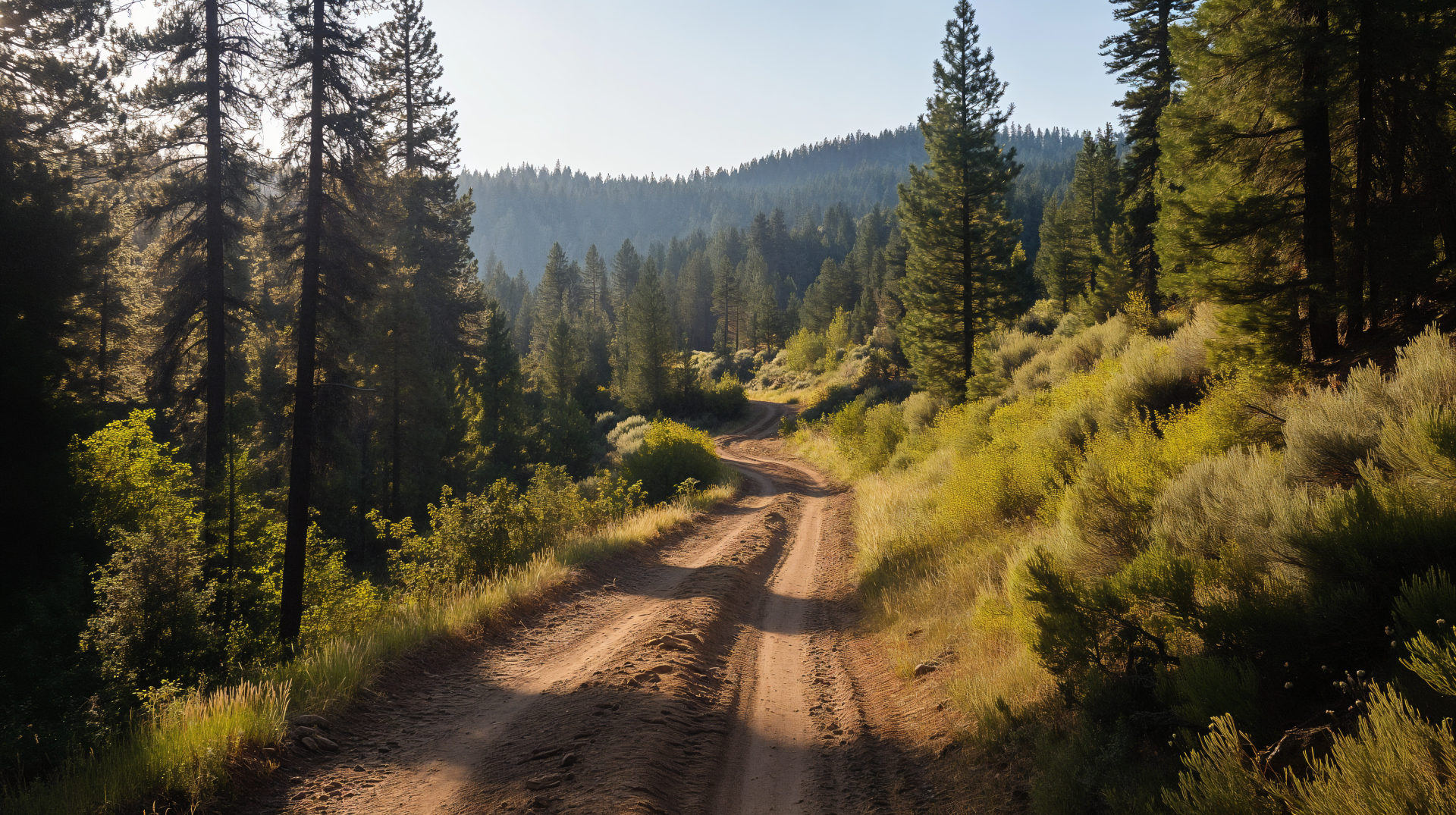4K Ultra HD PC desktop wallpaper/background: sunlit OHV trail winding through pine forests and sagebrush across mountain foothills.