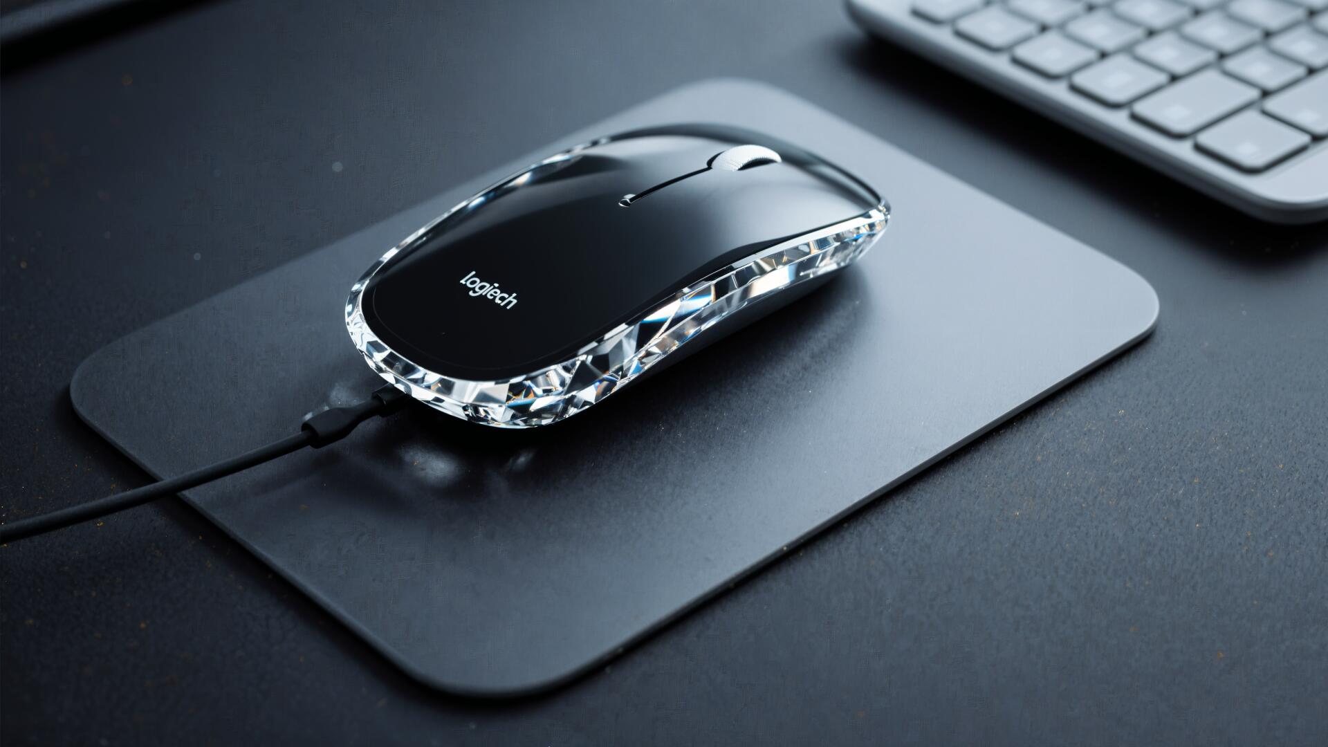 Logitech wired black mouse with crystal-trim sits on a mousepad beside a keyboard - 4K Ultra HD PC desktop wallpaper/background.