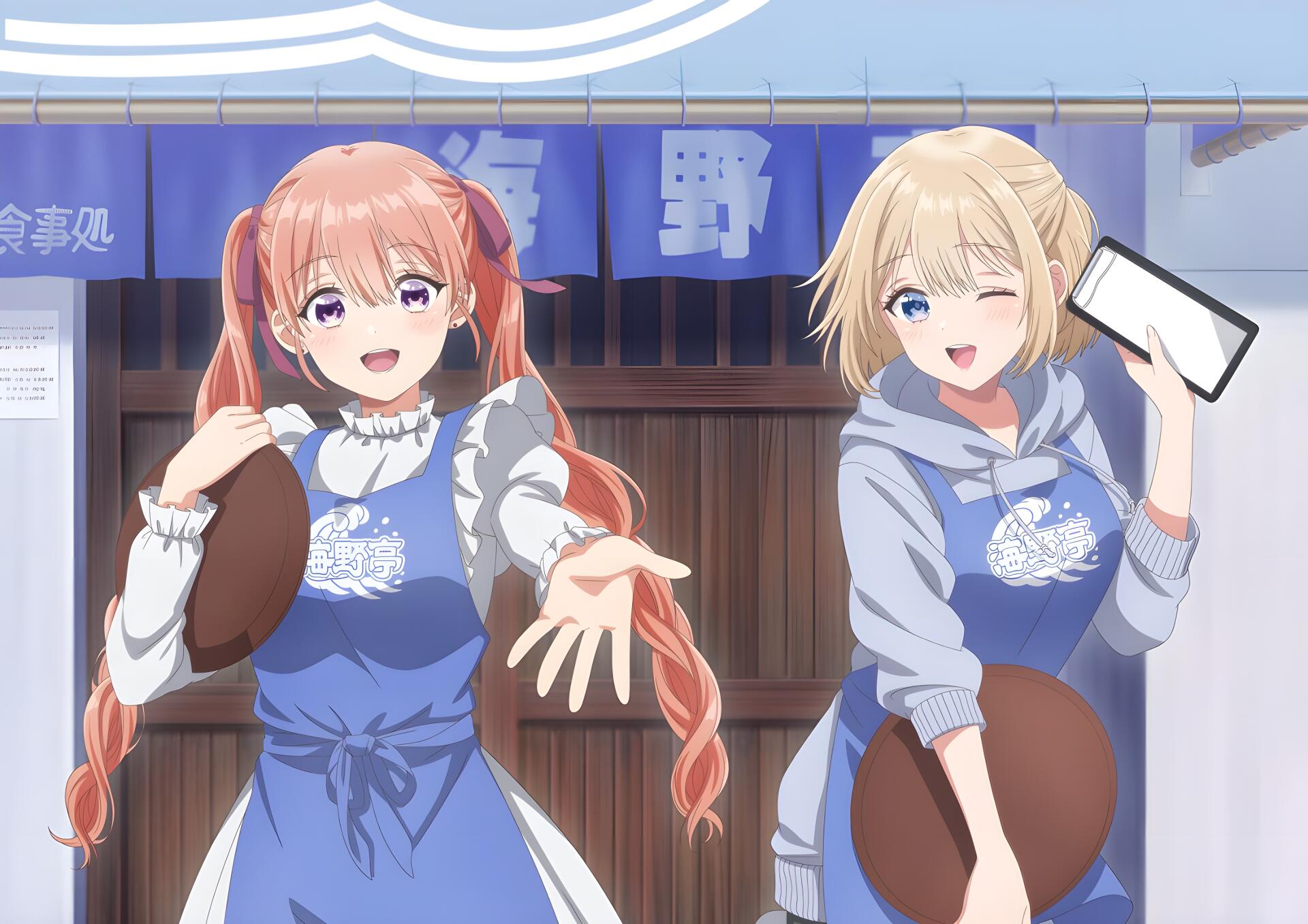 4K Ultra HD PC wallpaper of Sachi Umino and Erika Amano from A Couple of Cuckoos in aprons at a festival stall — Sachi reaching out smiling, Erika winking and holding a phone.