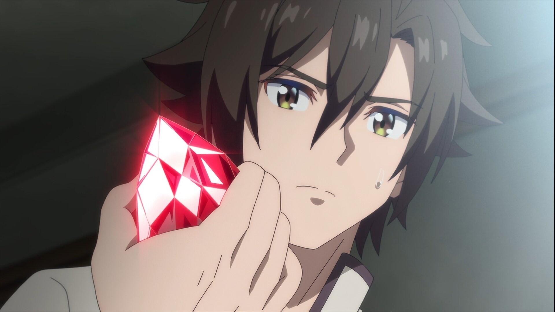 HD PC desktop wallpaper/background: anime character from Tsuyokute New Saga holds a glowing red crystal to his face in a moody close-up.