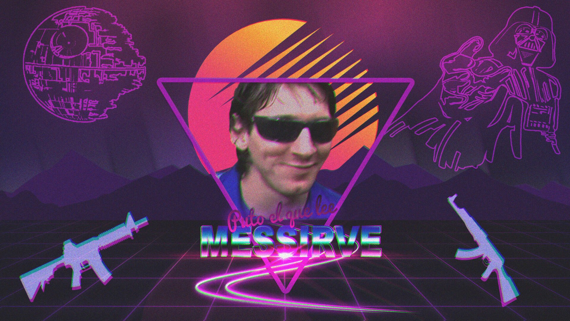 HD PC desktop wallpaper: vaporwave neon portrait of a smiling man in sunglasses inside a glowing triangle, glitchy MESSI text below, retro sunset and stylized rifles on a grid background.