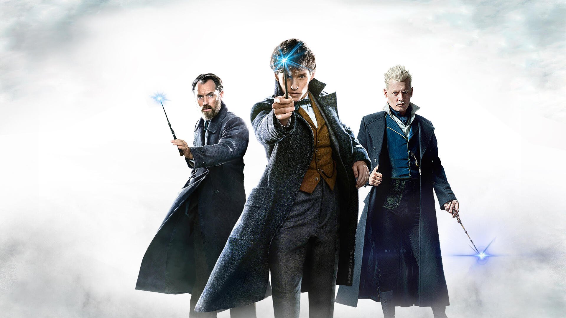 HD PC desktop wallpaper for Fantastic Beasts: The Crimes of Grindelwald — three wizards in long coats aim glowing wands forward against a misty, dramatic white-gray backdrop.