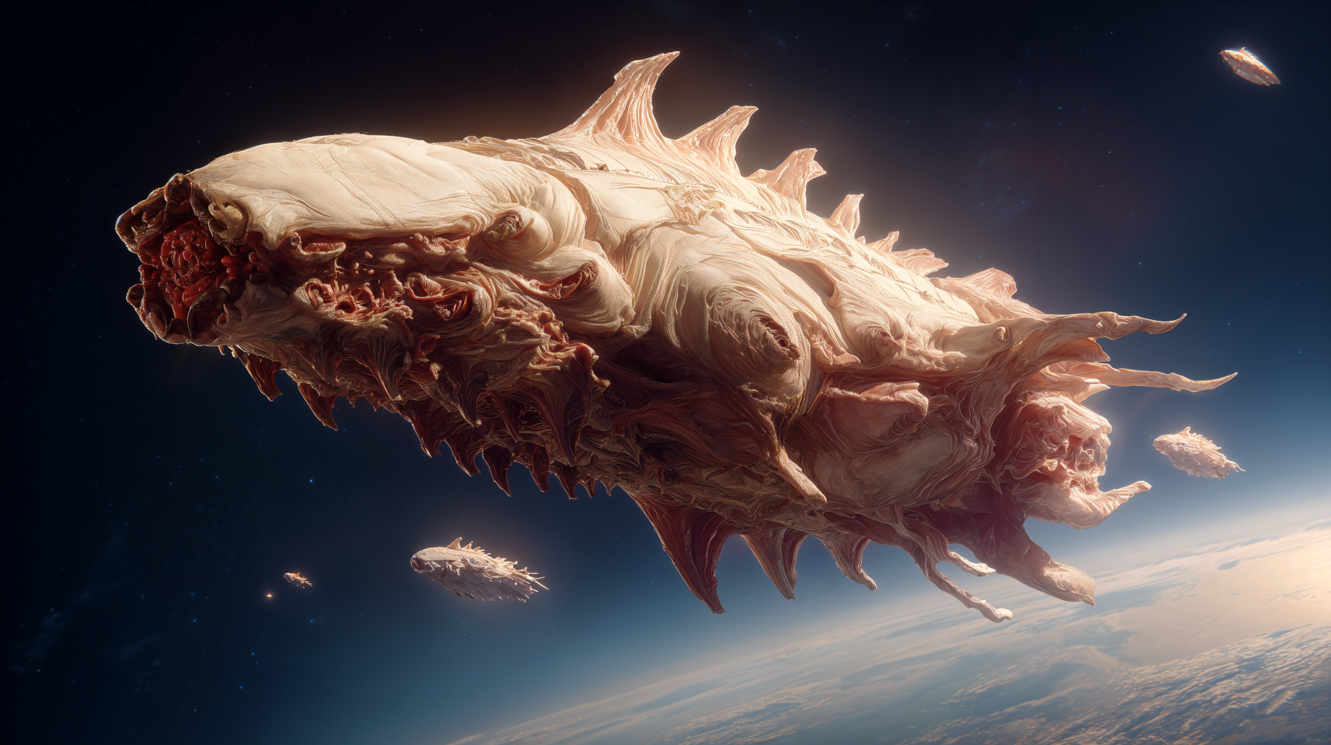 4K Ultra HD PC desktop wallpaper background: sci-fi organic spaceship resembling a colossal alien leviathan hovering above a blue planet, flanked by smaller vessels and dramatic backlighting.