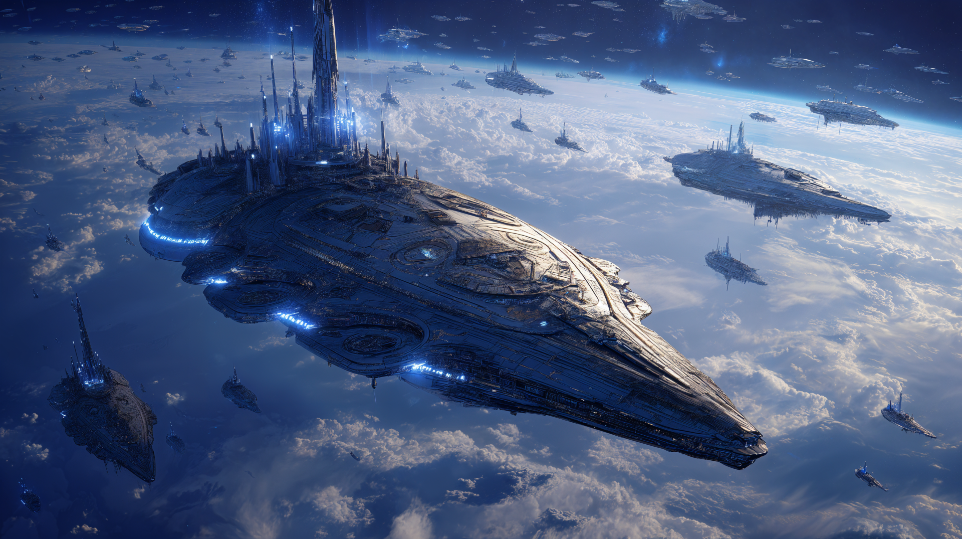 Sci-fi capital ship fleet glides above a cloud-covered planet, bathed in blue light — 4K Ultra HD PC desktop wallpaper and background.