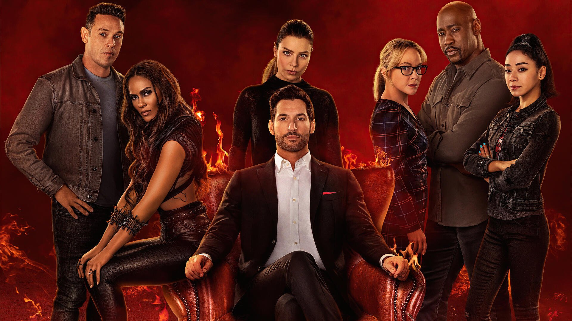 Lucifer 4K Ultra HD PC desktop wallpaper and background: suave man in a suit sits on a fiery throne, flanked by six companions against a red, flame-filled backdrop.