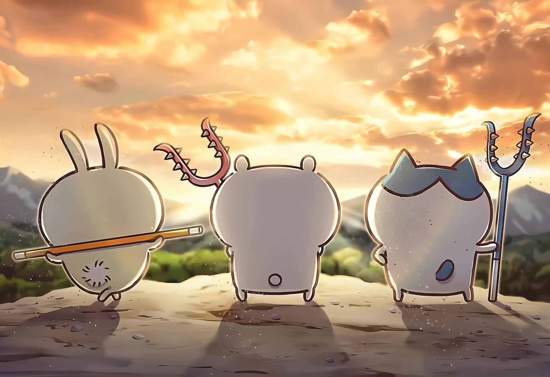 Chiikawa HD PC desktop wallpaper and background: three chibi Chiikawa characters stand on a cliff, backs to viewer, holding simple tools as they gaze at a golden mountain sunset.