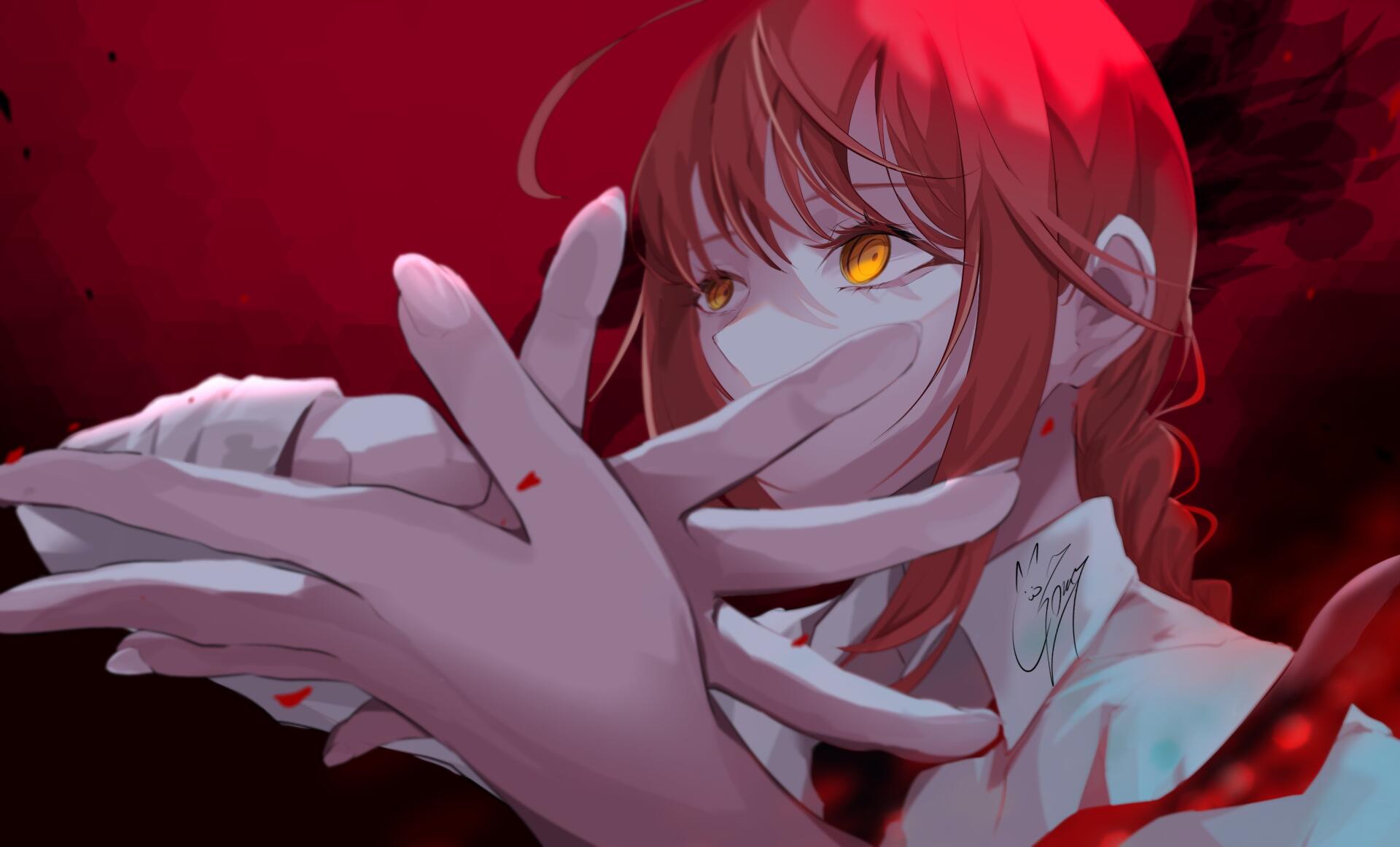 HD PC anime desktop wallpaper of Makima from Chainsaw Man: red-toned portrait of the anime girl with piercing yellow eyes and hands raised against a dark crimson background.