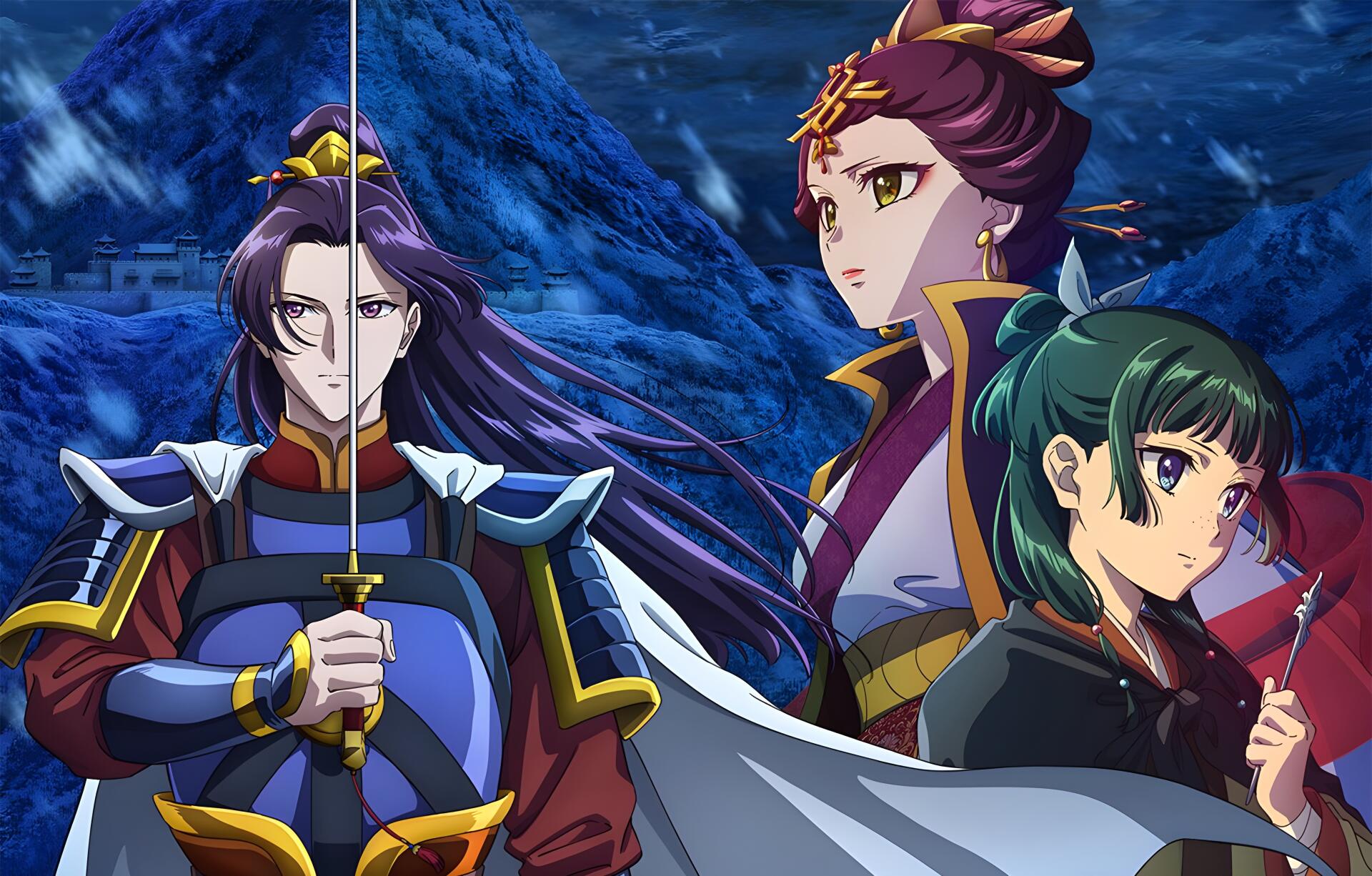 4K Ultra HD anime wallpaper of Jinshi, Shisui, and Maomao from The Apothecary Diaries, posed in ornate period robes before a dramatic moonlit mountain background.