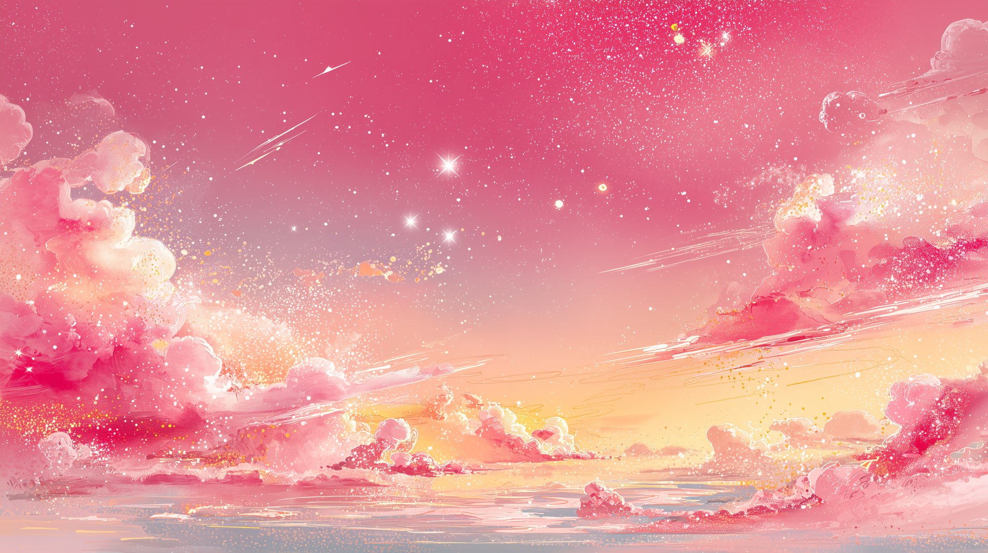 Y2K fantasy landscape HD PC desktop wallpaper background: dreamy pink clouds over a shimmering sea at sunset, sparkling stars and pastel sky in vibrant pink hues.