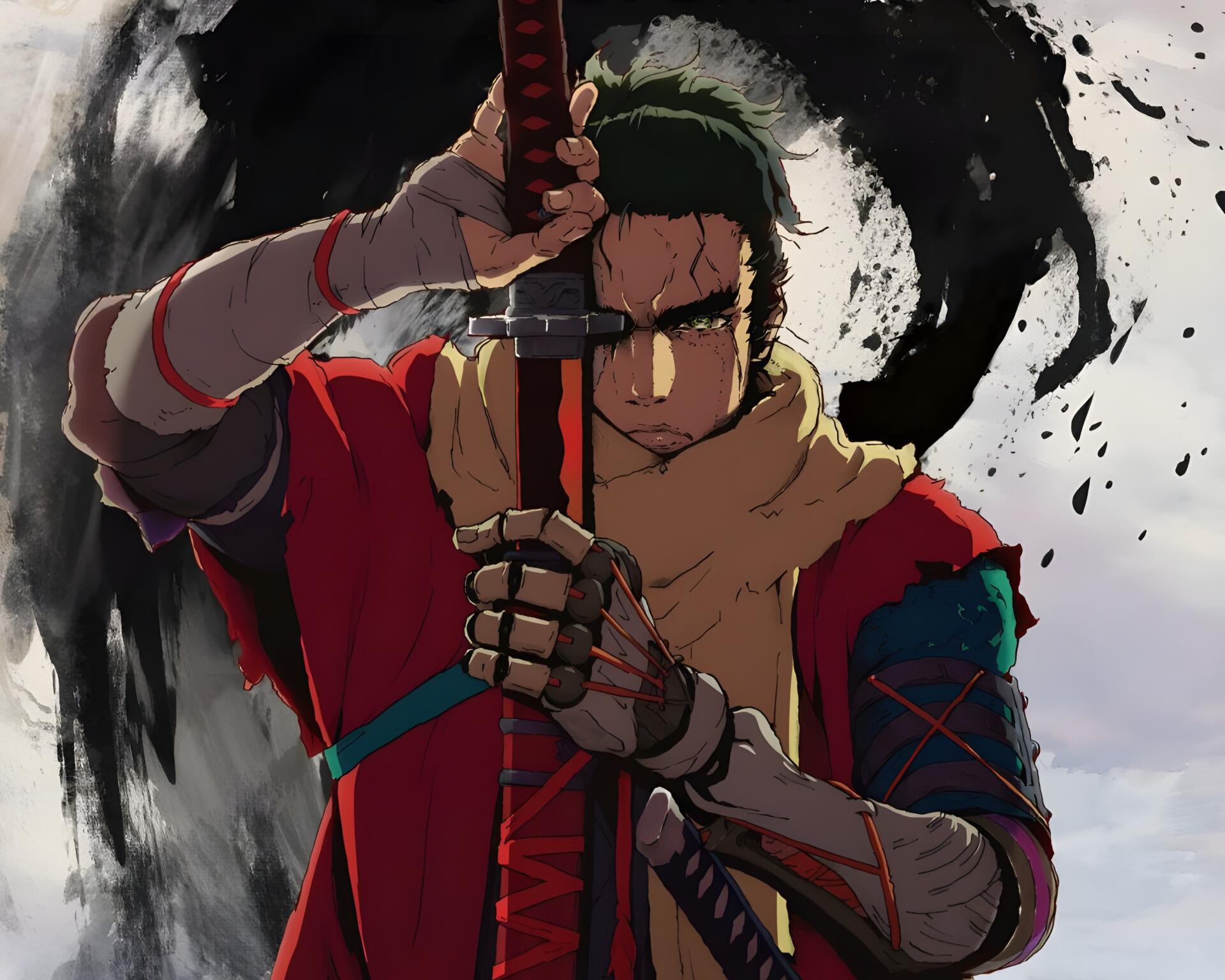 HD PC desktop wallpaper: anime-style Ookami from Sekiro: No Defeat, scarfed warrior gripping a katana against a dramatic ink-splashed background.