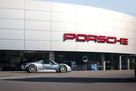 Silver Porsche sports car parked outside a Porsche showroom, 4K Ultra HD PC desktop wallpaper and background.