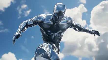 A dynamic HD wallpaper featuring the Silver Surfer, showcasing the character's glossy metallic finish against a backdrop of bright clouds and blue sky.