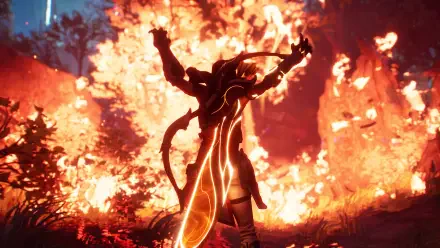 A dramatic scene from the video game *Eternal Strands*, showcasing a character in silhouette against a backdrop of vibrant flames, set in striking 4K Ultra HD.