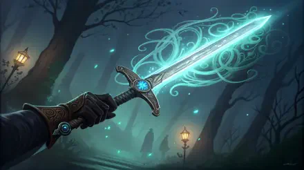 An enchanted weapon glows with a magical blue light, held by a cloaked figure in a misty, ethereal forest. Lanterns illuminate the path, enhancing the mystical atmosphere. 4K Ultra HD wallpaper.