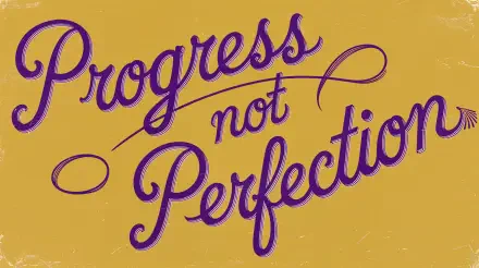 A vibrant 4K Ultra HD desktop wallpaper featuring the motivational phrase Progress not Perfection in a stylish purple font against a warm yellow background.