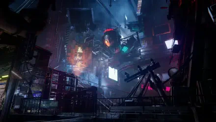 A vibrant cyberpunk cityscape from Ninja Gaiden 4, featuring neon lights and intricate structures, captured in a high-definition PC desktop wallpaper.