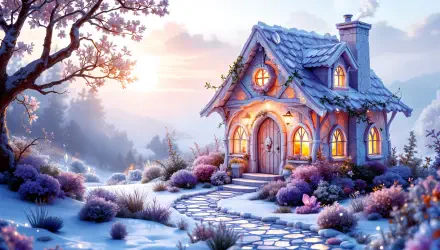 A cozy cottage nestled in a snowy winter landscape, glowing warmly as the sun sets, captured in stunning 4K Ultra HD for a serene PC desktop wallpaper.