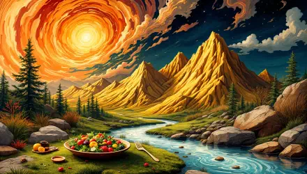 A vibrant landscape features a colorful salad on a plate beside a river, set against majestic mountains and a dramatic sunset, creating an inviting lunch scene in 4K Ultra HD.