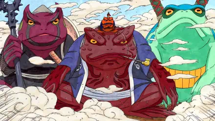 Naruto giant toad summon trio in vibrant anime style — bold 4K Ultra HD PC desktop wallpaper and background with three hulking toads rising through clouds.