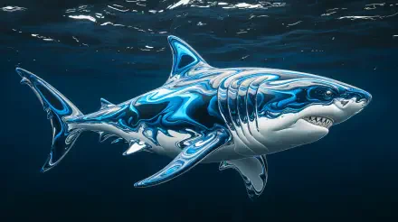 A vibrant 4K Ultra HD image of a great white shark swimming gracefully underwater, showcasing stunning blue and silver patterns on its sleek body.