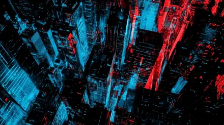 A stunning dark cyberpunk cityscape featuring bold black and blue tones, creating a visually striking HD wallpaper that transforms any desktop background.