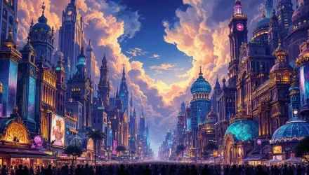 A vibrant, maximalist scene featuring grand architecture under dramatic skies, this 4K Ultra HD desktop wallpaper captivates with its rich colors and intricate details.