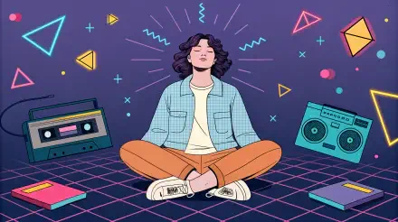 A vibrant 4K Ultra HD desktop wallpaper depicting a person practicing mindfulness, surrounded by colorful geometric shapes and retro cassette players, exuding a sense of calm and creativity.