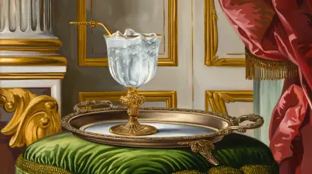 A luxurious cold drink served in an ornate glass, resting on a silver tray atop a richly colored fabric, depicted in 4K Ultra HD for an elegant desktop wallpaper.
