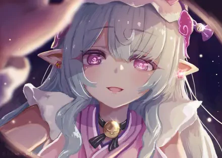 HD PC desktop wallpaper featuring Yumemizuki Mizuki, a girl character from the video game Genshin Impact, with pastel hair and glowing pink eyes.