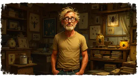 An elderly man with wild hair and glasses stands in a cluttered room filled with insect specimens and artwork, showcasing a unique character. A captivating 4K Ultra HD desktop wallpaper and background.