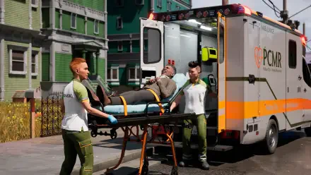 A scene from Ambulance Life: A Paramedic Simulator, featuring paramedics assisting a patient on a stretcher near an ambulance in a vibrant urban setting. 4K Ultra HD quality.