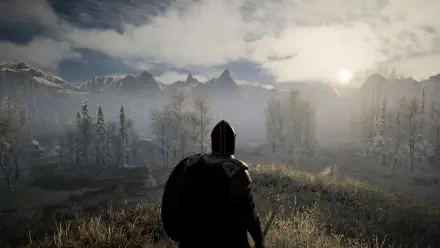 A warrior in armor stands on a grassy hill, overlooking a misty landscape of mountains and trees, capturing the immersive atmosphere of the video game Eyes of War in stunning 4K Ultra HD.