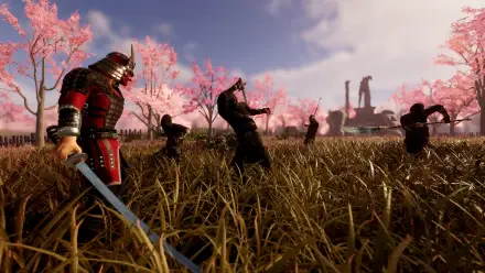 A dynamic scene from the video game Eyes of War, featuring a samurai warrior in a vibrant, colorful landscape with blooming trees and battle-ready figures in action. 4K Ultra HD quality.