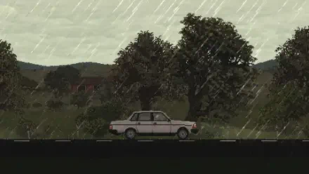 A picturesque HD wallpaper featuring a classic car driving through a rain-soaked landscape, inspired by the video game Keep Driving.