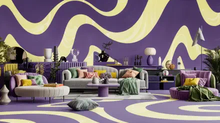 A vibrant maximalist interior featuring purple walls with yellow wave patterns, stylish furniture, and eclectic decor, creating a lively atmosphere for a 4K Ultra HD wallpaper.