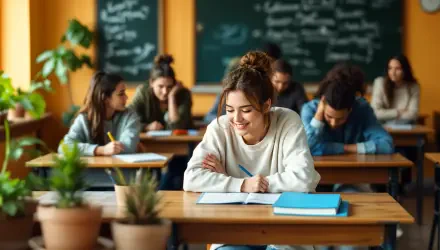 A student smiles while doing homework at a desk in a classroom, surrounded by classmates focused on their tasks. A vibrant educational environment with chalkboards in the background.