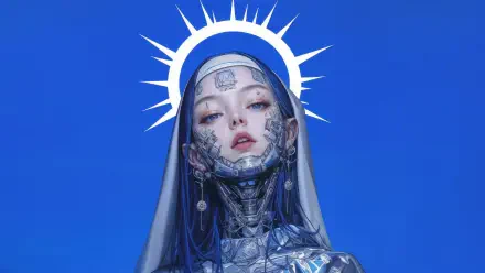A cyberpunk anime girl with a robotic visage, wearing a nun's habit, is set against a vibrant blue background, featuring a halo motif. This striking image is a 4K Ultra HD desktop wallpaper.