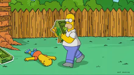 Homer Simpson walks in the backyard holding a stack of money while Bart lies on the ground, referencing the popular video game, The Simpsons: Tapped Out, in vibrant 4K Ultra HD.