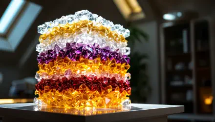 A visually captivating lasagna made of colorful, translucent layers sits on a table, illuminated by soft light, making it an eye-catching 4K Ultra HD PC desktop wallpaper.