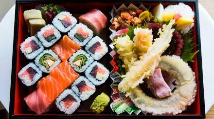 A beautifully arranged bento box featuring sushi rolls, sashimi, and tempura, captured in stunning 4K Ultra HD, making it an appealing desktop wallpaper and background.