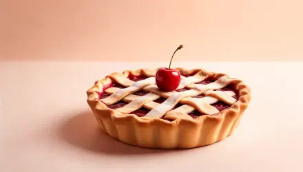 A delicious cherry pie sits on a pastel surface, showcasing a golden crust and a shiny cherry on top, captured in stunning 4K Ultra HD for a vibrant desktop wallpaper.