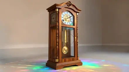 A beautifully crafted grandfather clock, showcasing intricate wooden details and an elegant design, illuminated by colorful reflections on the floor in this 4K Ultra HD wallpaper.