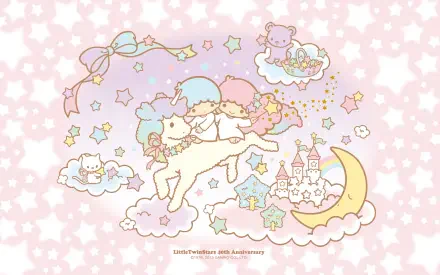 A whimsical HD desktop wallpaper featuring the Little Twin Stars from Sanrio, capturing a dreamy scene with pastel colors, clouds, stars, and cute characters on a magical adventure.