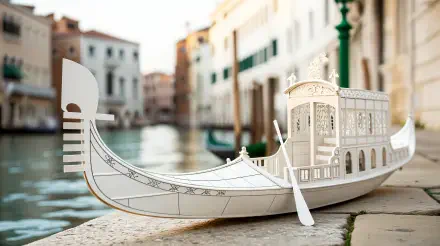 A beautifully crafted gondola model rests by the water's edge, framed by charming architecture, creating an enchanting scene perfect for a 4K Ultra HD desktop wallpaper.