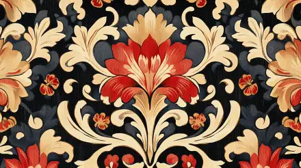 A vintage pattern featuring ornate floral designs in red and gold on a black background, optimized as a 4K Ultra HD PC desktop wallpaper and background.
